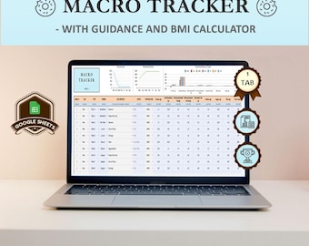 Rastreador de macros / Seguimiento de calorías y nutrición / Base de datos de comidas / Calculadora de IMC / Hojas de cálculo de Google / Descarga instantánea