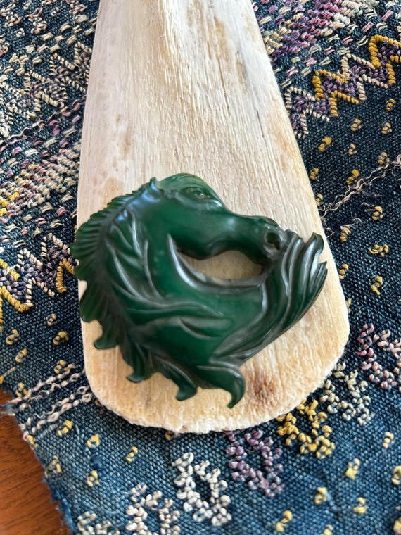 Bakelite ! Green Carved Horse Head Pin