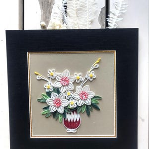 Handmade Quilling Flower Wall Art – 3D Paper Floral Frame – Freestanding or Hanging – No Glass Needed – 8x8&quot; Gift for Her