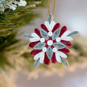 Snowflake Ornament White Grey– Handmade Quilling Paper Art Decoration for Christmas Tree