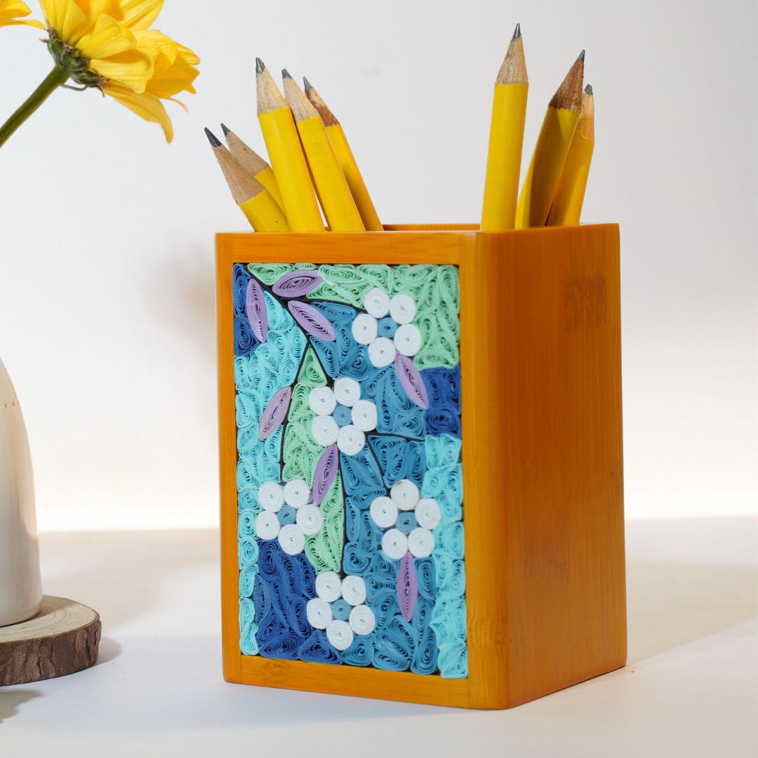 Bamboo Pencil Holder With Quilling Flowers – Handmade Desk Organizer ...