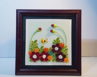 Quilling Flower Wall Art – Handmade Framed 3D Paper Floral Artwork with Protective Cover, 24x24cm