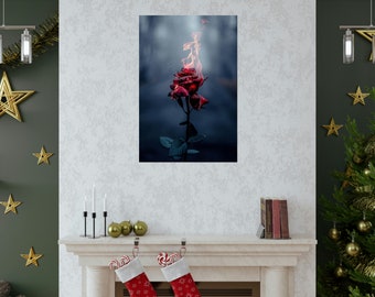 Flaming Rose Premium Matte Poster, Gothic Floral Art