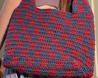 Handmade Crochet Pink/Navy Blue Checkerboard Tote Bag