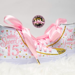 Sweet 15 Custom shoes, light pink and gold Custom shoes for quinceañeras, Birthday Gift  for quinceañeras,Butterflies Printed,Shoes high top