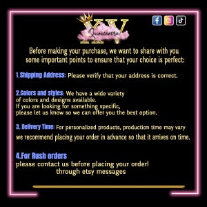 May include: Black background with a pink and white neon border. The image includes text about verifying the shipping address, color and style options, delivery time, and rush orders. The logo includes a crown and the word "Quinceanera".