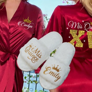 Burgundy  Robe Quinceanera, con pantuflas, Regalos Quince, Robe | quinceanera gifts