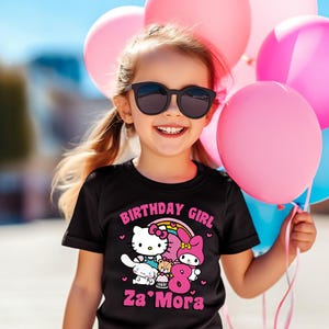 Personalized Hello Cat Long Sleeves T-shirt, Family Birthday Celebration Tee, Hello Kitty birthday Gift,Kawaii Cat Birthday Theme Shirt Short sleeve- Black