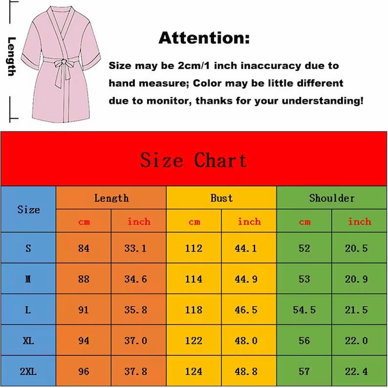 May include: Size chart for a robe with measurements in inches and centimeters. The chart shows the size, length, bust, and shoulder measurements for sizes S, M, L, XL, and 2XL.