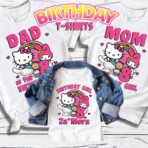 Personalized Hello Cat Long Sleeves T-shirt, Family Birthday Celebration Tee, Hello Kitty birthday Gift,Kawaii Cat Birthday Theme Shirt Short sleeve- White