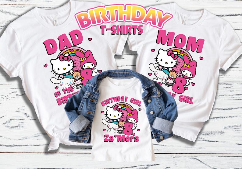 Personalized Hello Cat Long Sleeves T-shirt, Family Birthday Celebration Tee, Hello Kitty birthday Gift,Kawaii Cat Birthday Theme Shirt Short sleeve- White