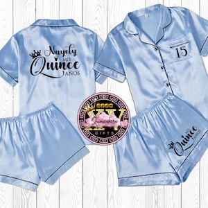 Quinceañera PJ set | Mis Quince Años Pajama Set | PJs Short Sleeve Pj with shorts | Satin | Personalized Pajamas Gift | Gift for Daughter