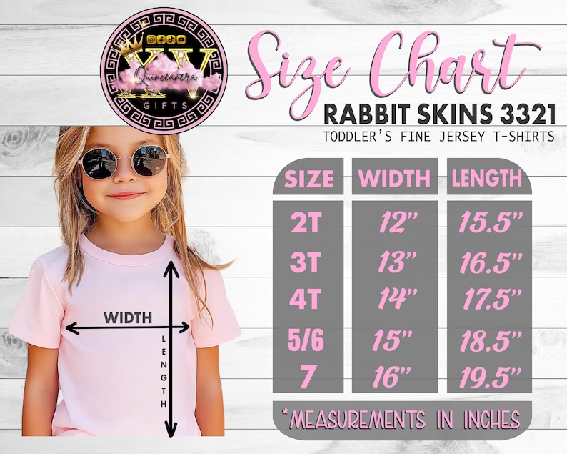 May include: A young girl wearing a light pink t-shirt, with a size chart for toddler t-shirts. The chart shows measurements in inches for sizes 2T to 7. The t-shirts are Rabbit Skins 3321 fine jersey.
