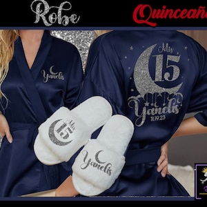 Mis Quince satin robes,NAVY BLUE, Robe with slippers, quinceañera gift, Includes FREE front personalization