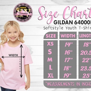 May include: A young girl wearing a pink Gildan 64000B Softstyle youth t-shirt. The image includes a size chart with measurements in inches: XS (14" width, 18" length), S (16" width, 20.5" length), M (17" width, 22" length), L (18" width, 23.5" length), and XL (19" width, 25" length).