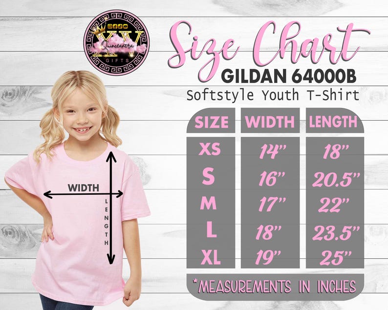 May include: A young girl wearing a pink Gildan 64000B Softstyle youth t-shirt. The image includes a size chart with measurements in inches: XS (14" width, 18" length), S (16" width, 20.5" length), M (17" width, 22" length), L (18" width, 23.5" length), and XL (19" width, 25" length).