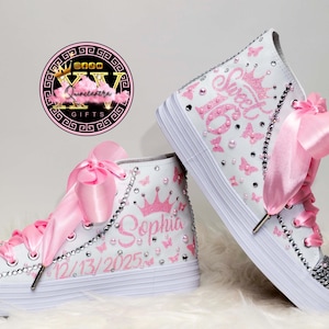 Sweet 16 Custom shoes, light pink and Silver,Custom shoes for quinceañeras,Birthday Gift  for quinceañeras, with Butterflies,Shoes high top