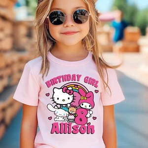 Personalized Hello Cat Long Sleeves T-shirt, Family Birthday Celebration Tee, Hello Kitty birthday Gift,Kawaii Cat Birthday Theme Shirt Short sleeve- Pink