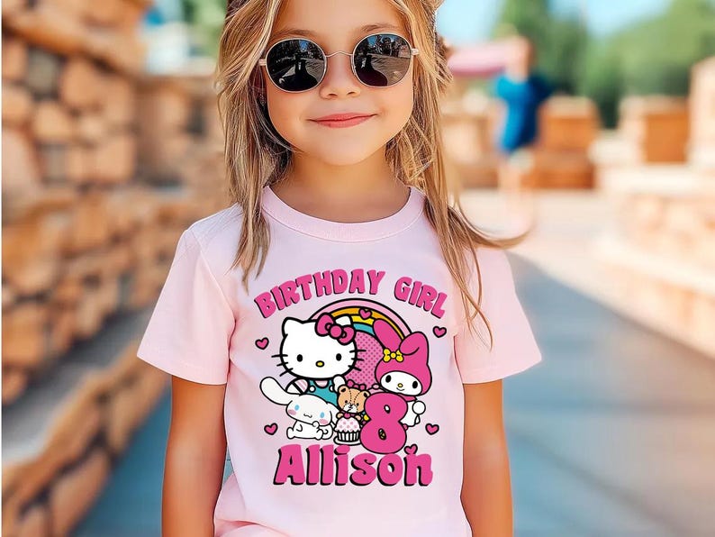 Personalized Hello Cat Long Sleeves T-shirt, Family Birthday Celebration Tee, Hello Kitty birthday Gift,Kawaii Cat Birthday Theme Shirt Short sleeve- Pink
