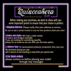 May include: A purple and gold graphic with the text "Quincea&ntilde;era Gifts" and a list of important points to consider when ordering. The text includes: "Shipping Address", "Colors and styles", "Delivery Time", and "For Rush orders".