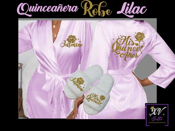 Lilac Robe Quinceanera , with slippers , quinceanera gift ,Free personalization,birthday gift,Mis Quince satin robes