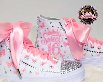 Sweet 16 Sneakers: Custom Light Pink Silver Quinceañera Shoes