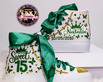 Zapatillas altas personalizadas para quinceañera en verde esmeralda y dorado, regalo de quinceañera, zapatos personalizados, regalos para quinceañera
