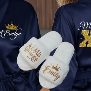 Quinceañera Robe, with slippers, Quince Gifts, Navy Blue Quinceañera Robe