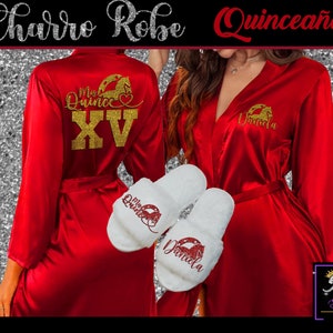 Charro Mis Quince satin robes, Red Robe with slippers, quinceañera gift, Includes FREE front personalization
