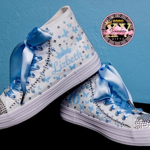 Sweet 16 Custom shoes, Custom shoes for quinceañeras, Birthday Gift  for quinceañeras, Butterflies Printed,Mis Sweet Sixteen Shoes high top