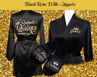 Black Robe Mis Quince | Black Robe with slippers, quinceañera gift, Includes FREE front personalization