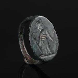 Anillo de sello de la diosa griega antigua Siglo 4BC a 2AD Joyería genuina Artefacto de bronce antiguo auténtico Anillo muy antiguo Artefacto griego antiguo
