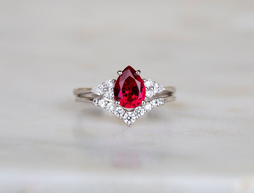 Pear Ruby Engagement Ring SET 14K White Gold Pear Ruby Vintage Wedding ...