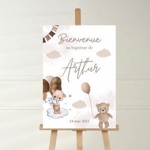 Personalized baptism poster, welcome sign, beige teddy bear, baptism decoration in digital format or printed in A4 / A3