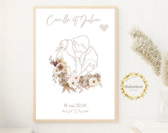 Affiche mariage personnalisée fleurs : Prénoms et date de mariage