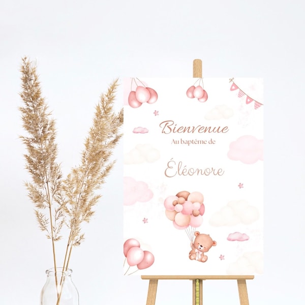 Panneau de bienvenue baptême ou anniversaire - nuage et ballon rose - ourson - décoration