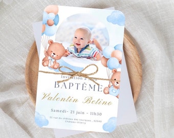 Baptism announcement - blue teddy bear with balloons - baptism - invitation