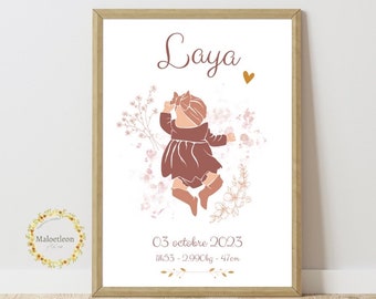 Affiche naissance « Laya » personnalisée : date , heure , taille et poids de bébé