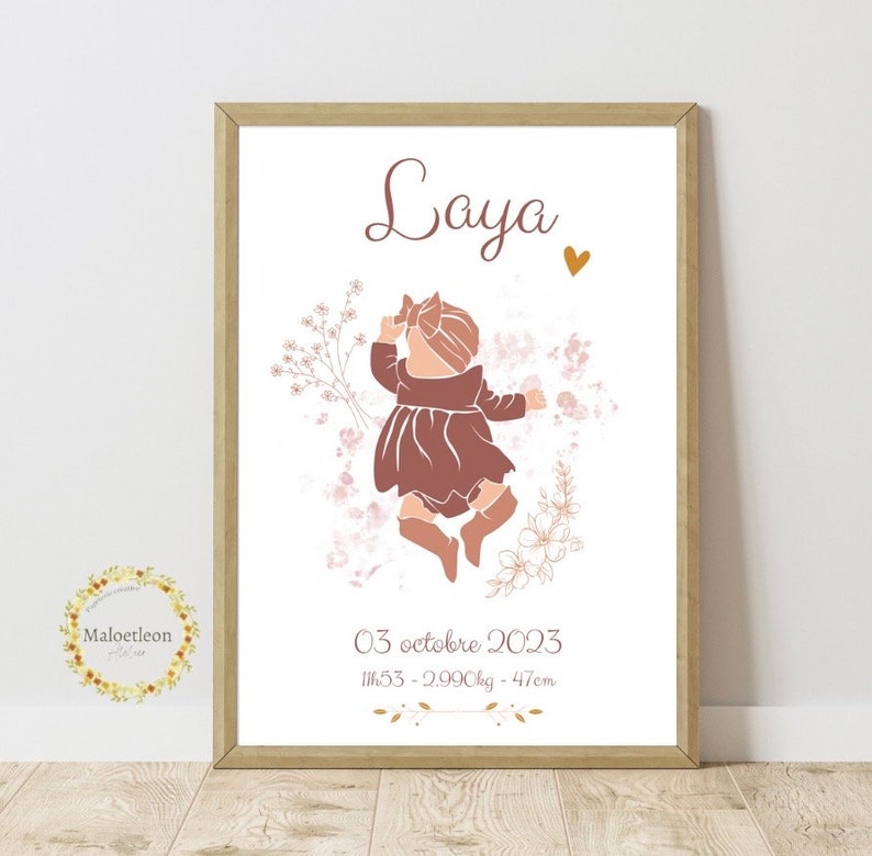 Affiche naissance Laya personnalisée : date , heure , taille et poids de bébé image 2