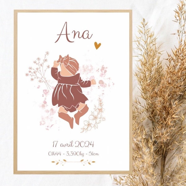 Affiche naissance « Laya » personnalisée : date , heure , taille et poids de bébé