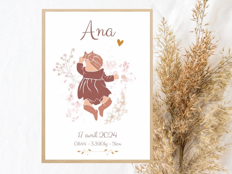 Affiche naissance Laya personnalisée : date , heure , taille et poids de bébé image 1