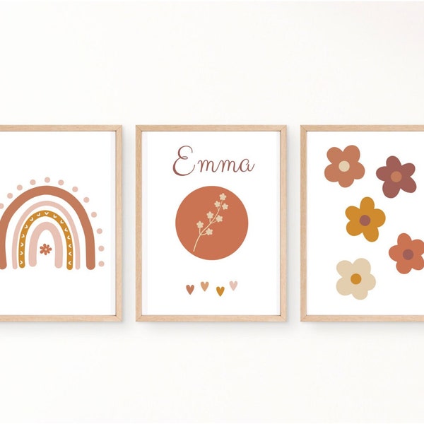 Set van 3 posters in BOHO-stijl, kinderkamerdecoratie, voornaam, terracotta