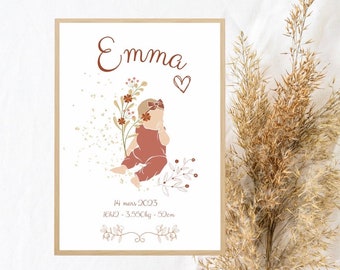 Affiche naissance « Emma » personnalisée : Date , heure , taille et poids de naissance