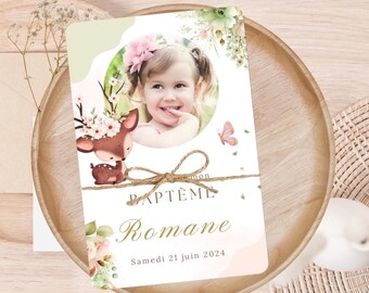 Faire-part baptême - invitation - biche rose avec fleurs - format 10x15cm