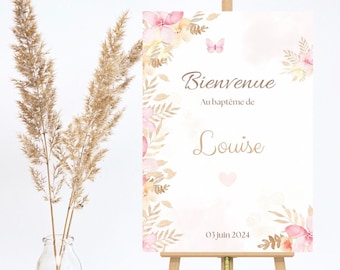 Panneau de bienvenue baptême ou anniversaire - papillon rose - fleurs  -  décoration