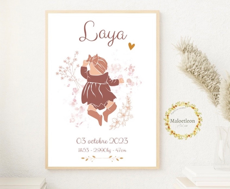 Affiche naissance Laya personnalisée : date , heure , taille et poids de bébé image 3