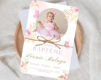 Faire-part baptême - rose papillon - invitation baptême - bébé et enfant