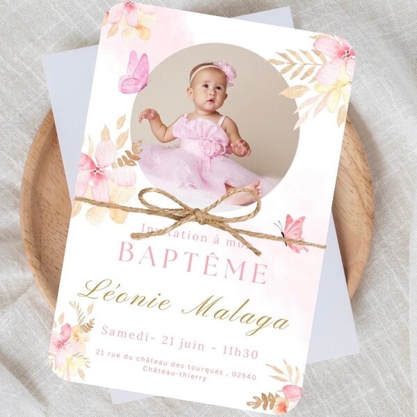 Faire-part baptême - rose papillon - invitation baptême - bébé et enfant
