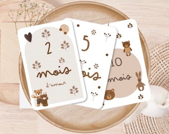 Cartes étapes bébé -  ma première ou deuxième année, thème nature beige , ourson , grossesse , naissance