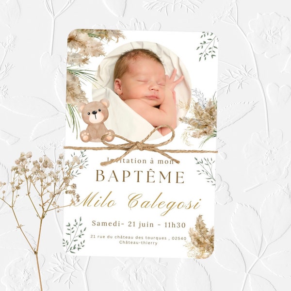 Faire-part baptême , ourson pampas